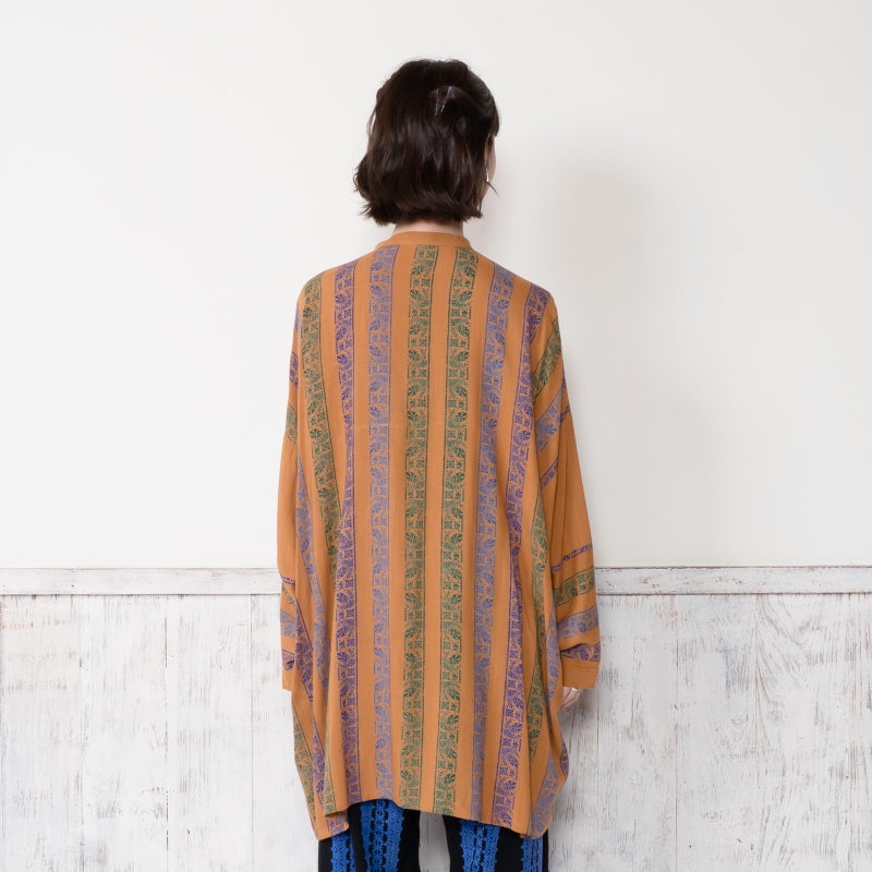 Rayon Stripe Print & Triangular Embroidery Front-Open Dress