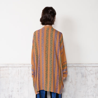 Rayon Stripe Print & Triangular Embroidery Front-Open Dress