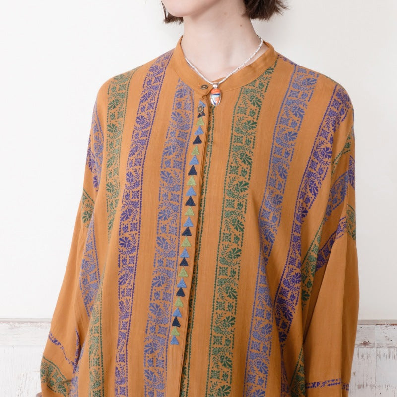 Rayon Stripe Print & Triangular Embroidery Front-Open Dress