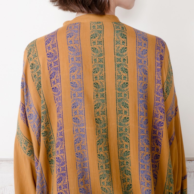 Rayon Stripe Print & Triangular Embroidery Front-Open Dress