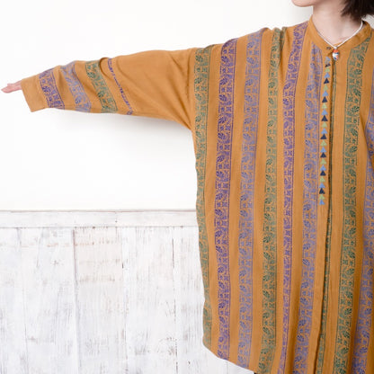 Rayon Stripe Print & Triangular Embroidery Front-Open Dress
