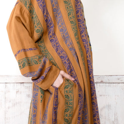 Rayon Stripe Print & Triangular Embroidery Front-Open Dress