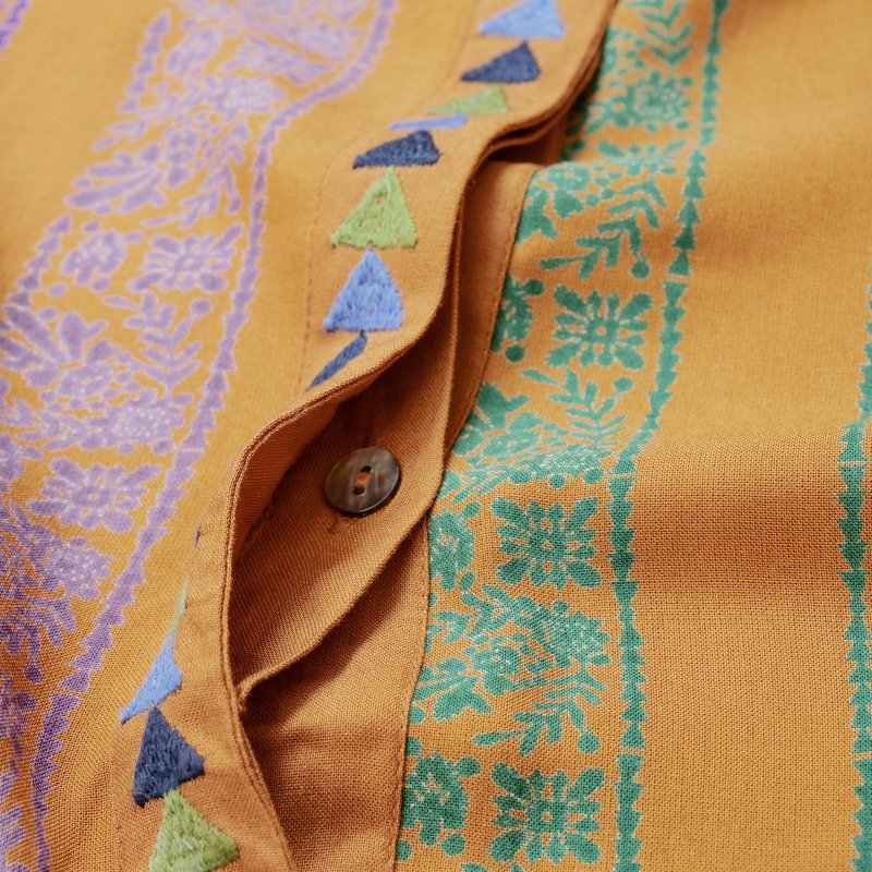 Rayon Stripe Print & Triangular Embroidery Front-Open Dress