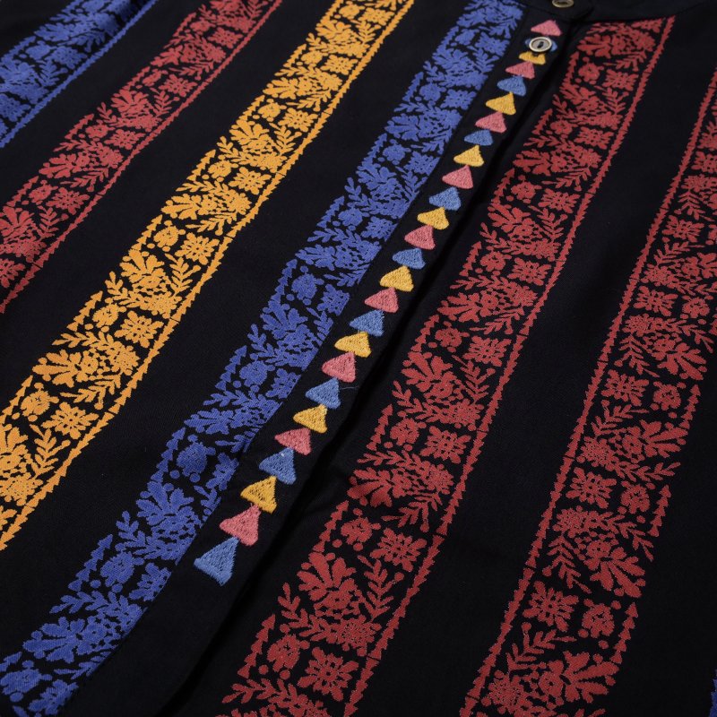 Rayon Stripe Print & Triangular Embroidery Front-Open Dress