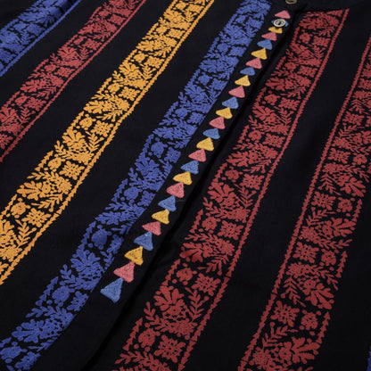 Rayon Stripe Print & Triangular Embroidery Front-Open Dress