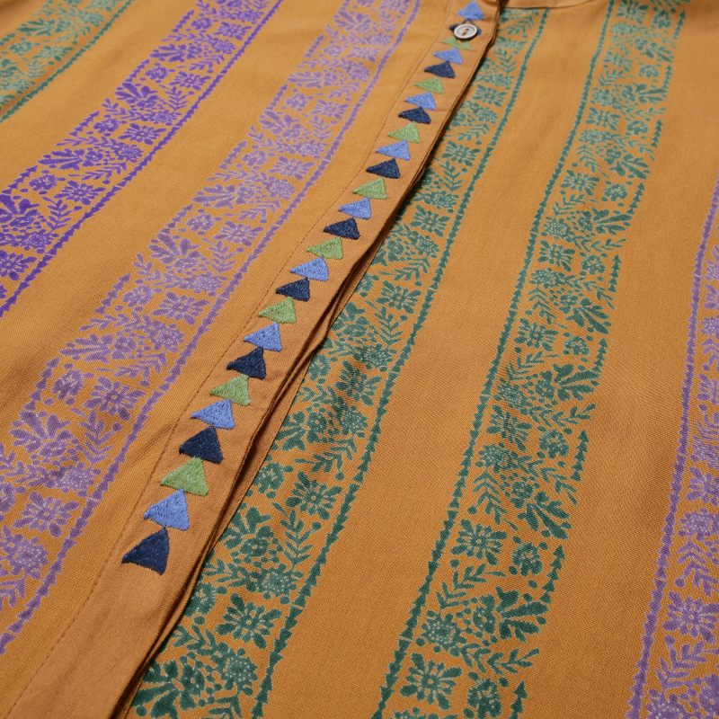 Rayon Stripe Print & Triangular Embroidery Front-Open Dress