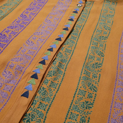 Rayon Stripe Print & Triangular Embroidery Front-Open Dress