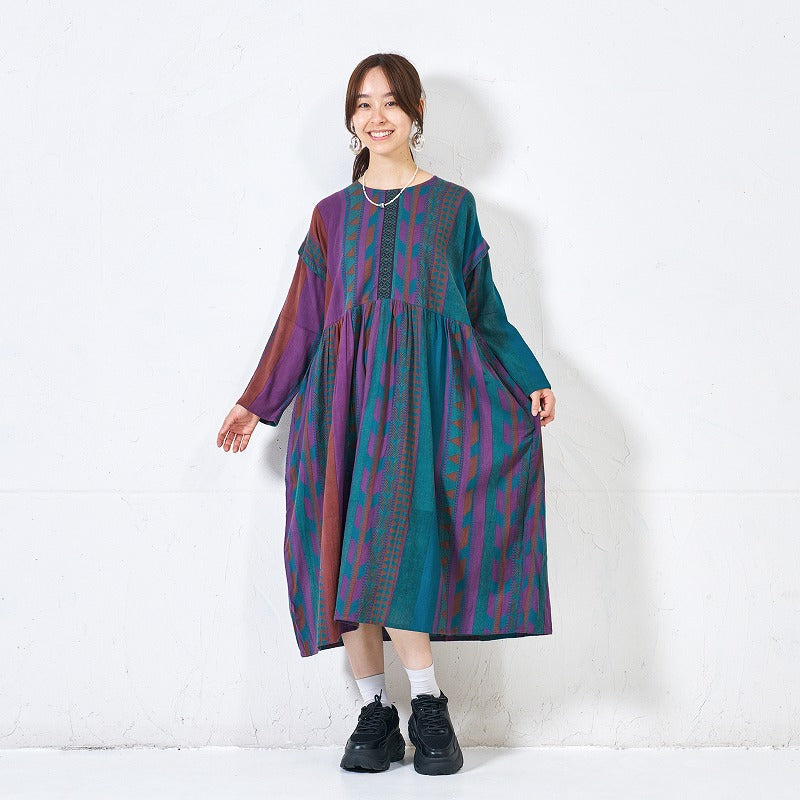 Cotton Stripe Print Embroidery Dress