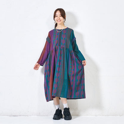 Cotton Stripe Print Embroidery Dress