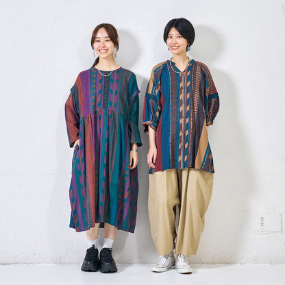 Cotton Stripe Print Embroidery Dress