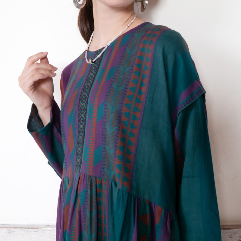 Cotton Stripe Print Embroidery Dress