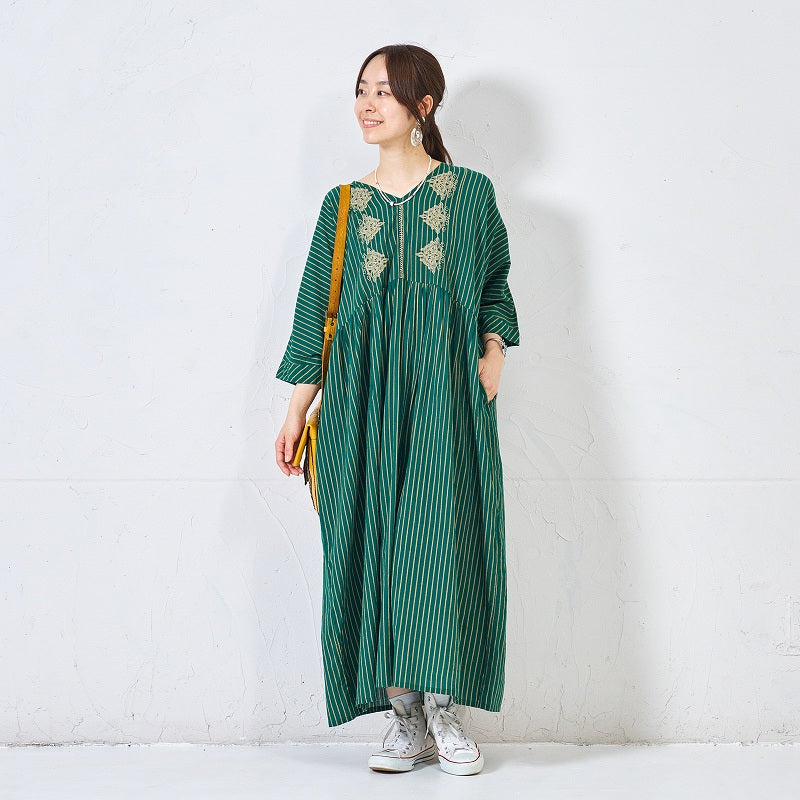 Cotton Stripe Flower Embroidery Dress
