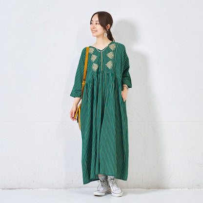 Cotton Stripe Flower Embroidery Dress