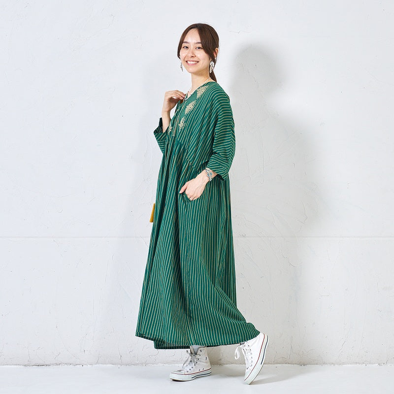 Cotton Stripe Flower Embroidery Dress