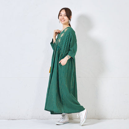Cotton Stripe Flower Embroidery Dress