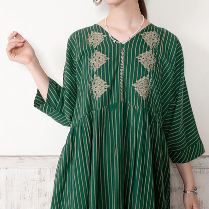 Cotton Stripe Flower Embroidery Dress