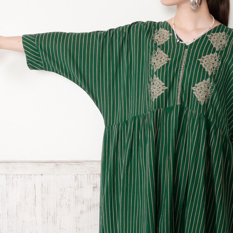 Cotton Stripe Flower Embroidery Dress