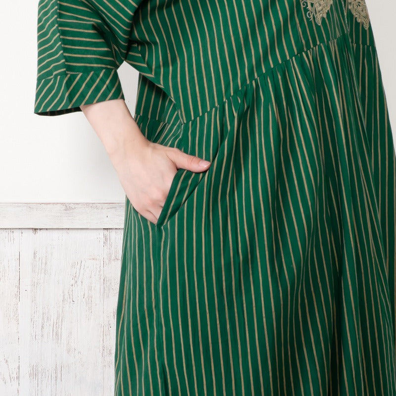 Cotton Stripe Flower Embroidery Dress