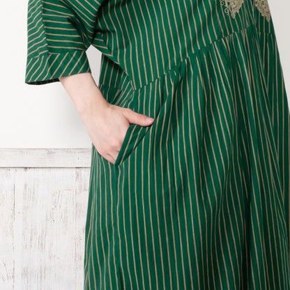 Cotton Stripe Flower Embroidery Dress