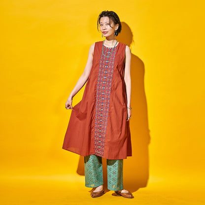 Cotton Geometric & Floral Embroidered Sleeveless Dress