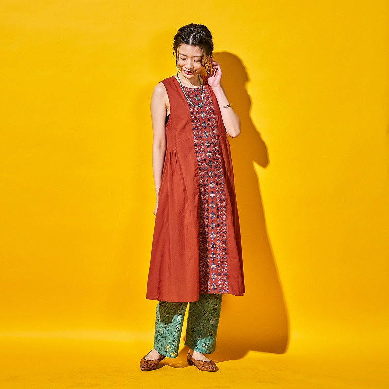 Cotton Geometric & Floral Embroidered Sleeveless Dress