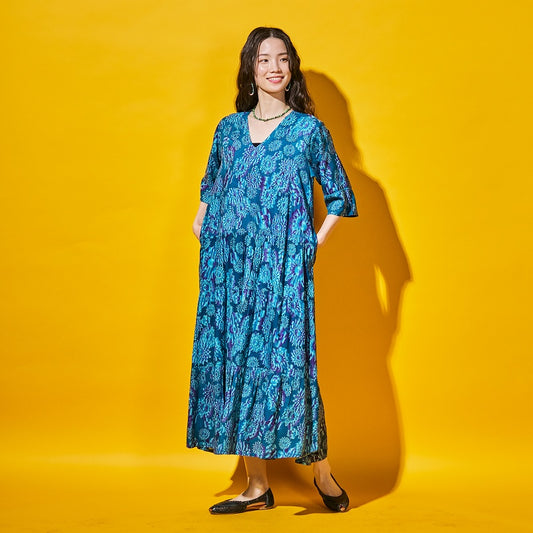 Terry Voile Flower Gradient Print Tiered Dress