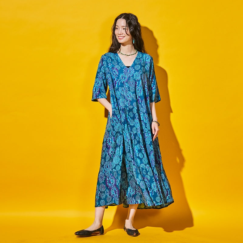 Terry Voile Flower Gradient Print Tiered Dress