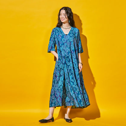 Terry Voile Flower Gradient Print Tiered Dress
