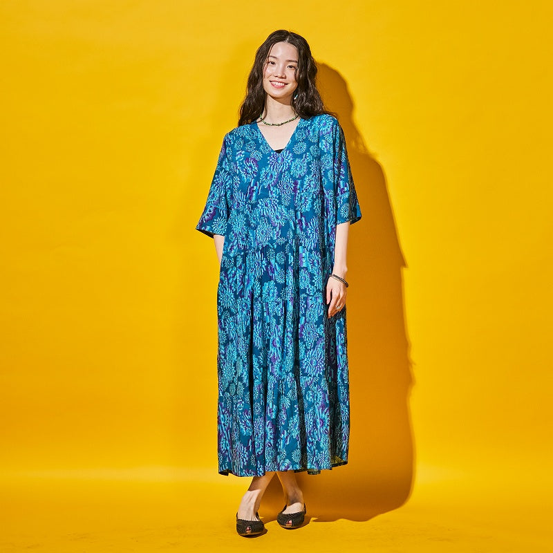 Terry Voile Flower Gradient Print Tiered Dress