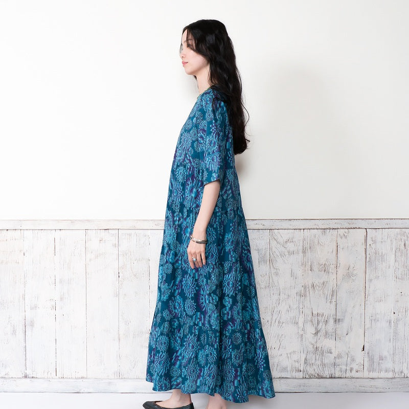 Terry Voile Flower Gradient Print Tiered Dress