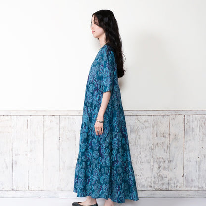 Terry Voile Flower Gradient Print Tiered Dress