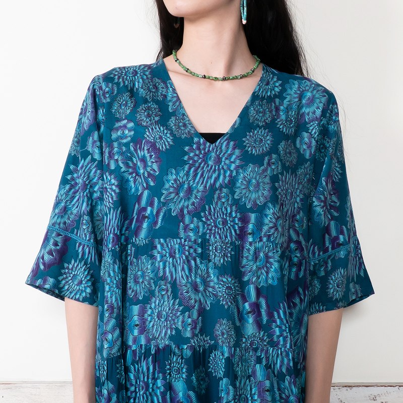 Terry Voile Flower Gradient Print Tiered Dress