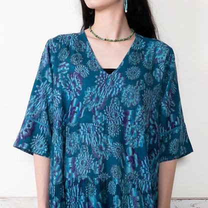 Terry Voile Flower Gradient Print Tiered Dress