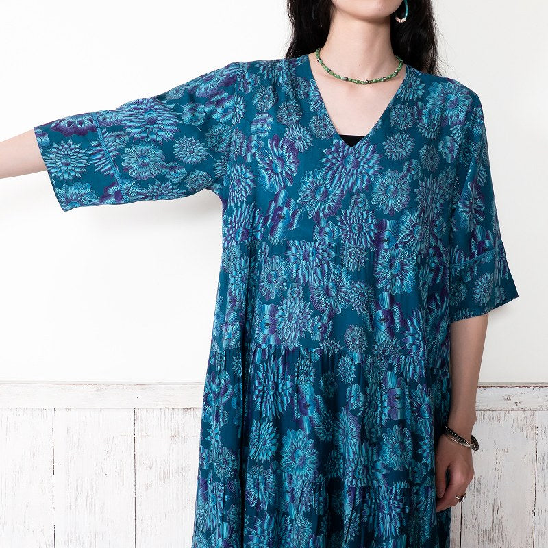 Terry Voile Flower Gradient Print Tiered Dress