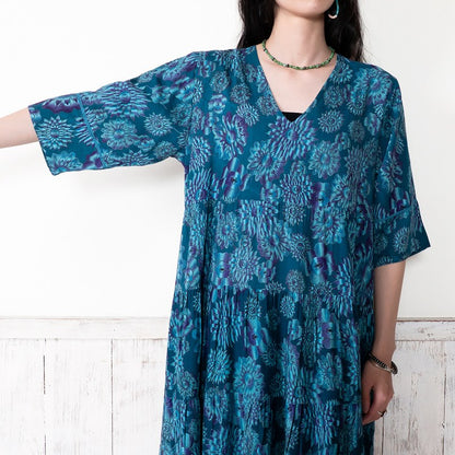 Terry Voile Flower Gradient Print Tiered Dress