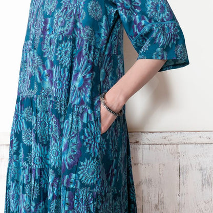 Terry Voile Flower Gradient Print Tiered Dress