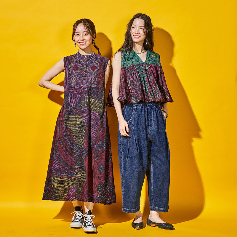 Cotton Oriental Print Sleeveless Dress