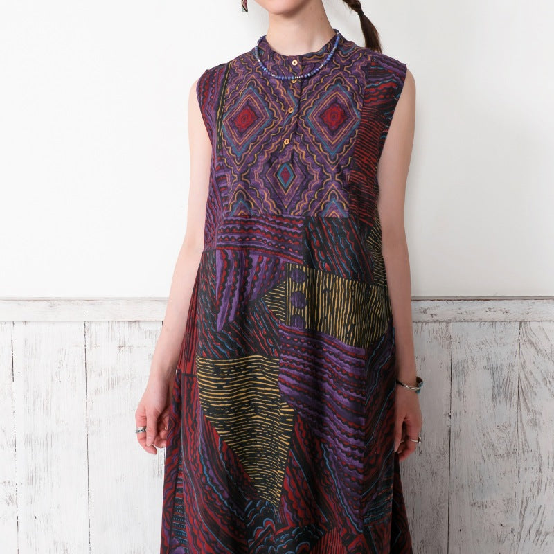 Cotton Oriental Print Sleeveless Dress