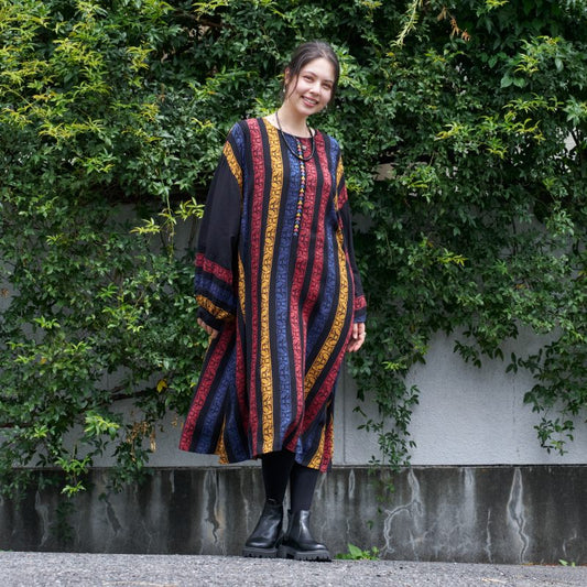 Rayon Stripe Print and Triangular Embroidery Dress