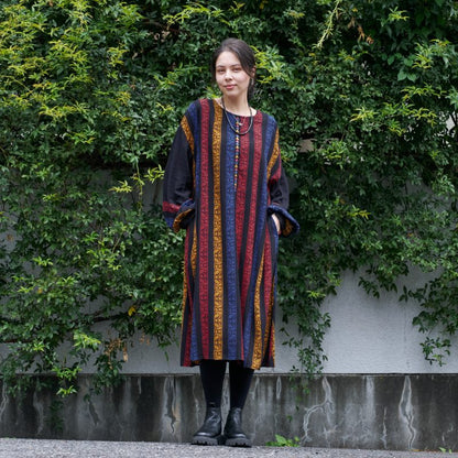 Rayon Stripe Print and Triangular Embroidery Dress