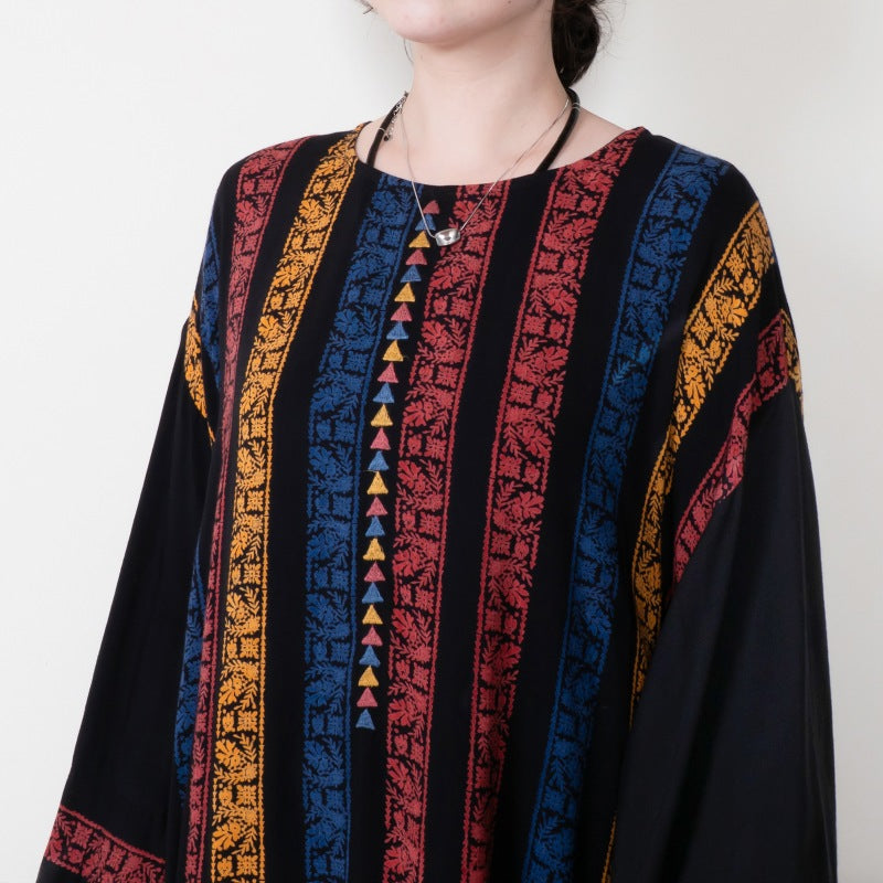 Rayon Stripe Print and Triangular Embroidery Dress