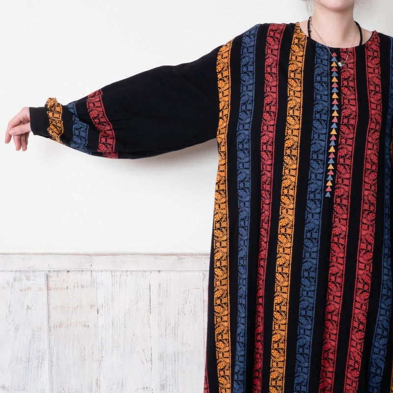 Rayon Stripe Print and Triangular Embroidery Dress