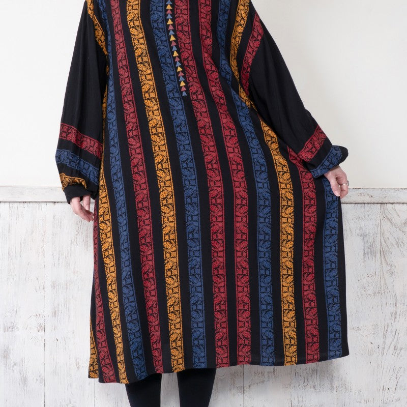 Rayon Stripe Print and Triangular Embroidery Dress