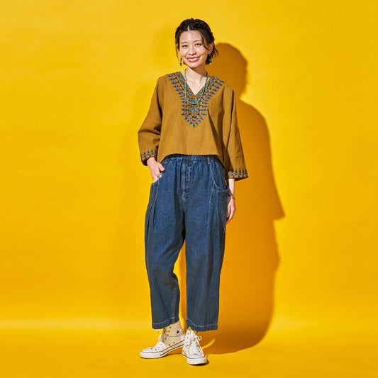 Cotton Geometric Embroidery Wide Pullover