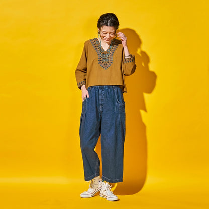 Cotton Geometric Embroidery Wide Pullover