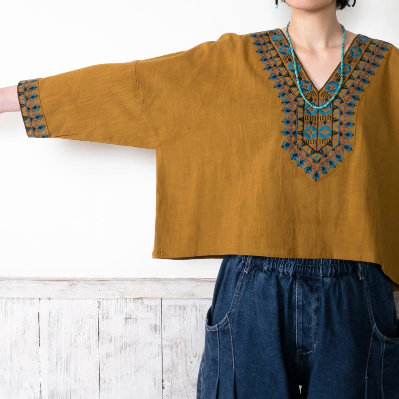 Cotton Geometric Embroidery Wide Pullover