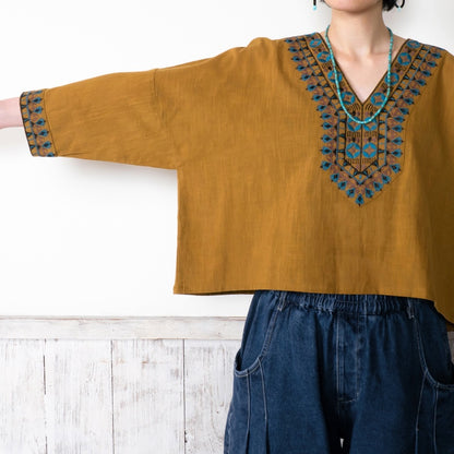 Cotton Geometric Embroidery Wide Pullover