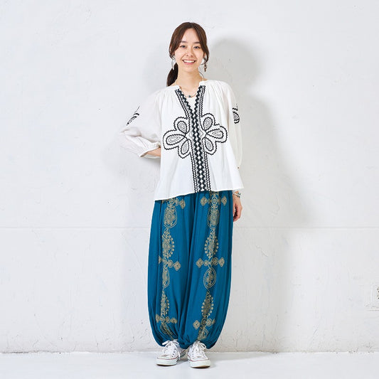 Rayon Oriental Print Balloon Pants