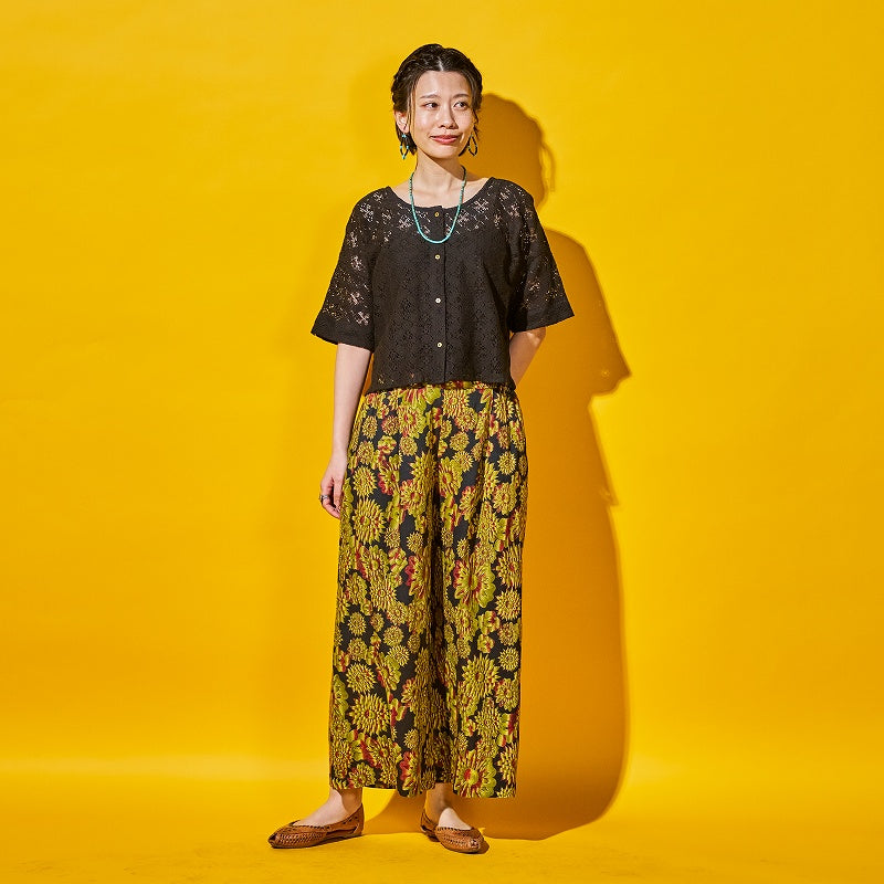 Terry Voile Flower Gradient Print Tuck Pants