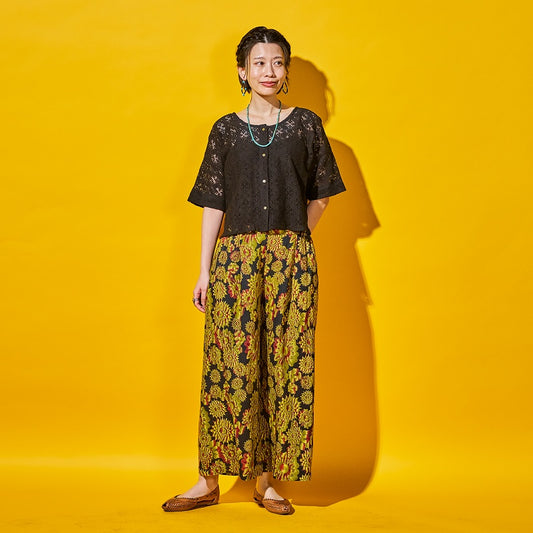 Terry Voile Flower Gradient Print Tuck Pants